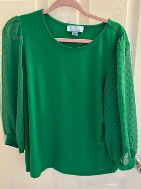 CeCe Green Swiss Dot Puff-Sleeve Blouse
